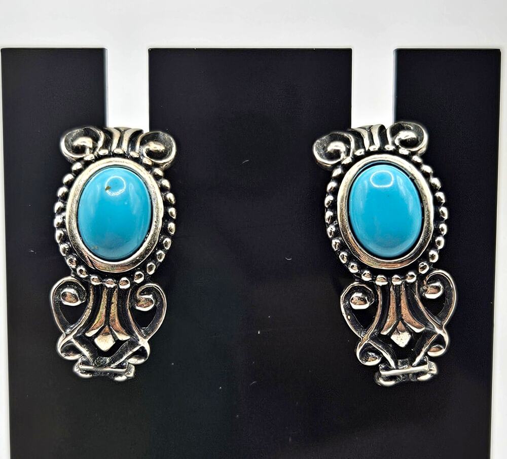 Avon 925 Sterling Silver Oval Bezel Stud Post Earrings Signed Turquoise